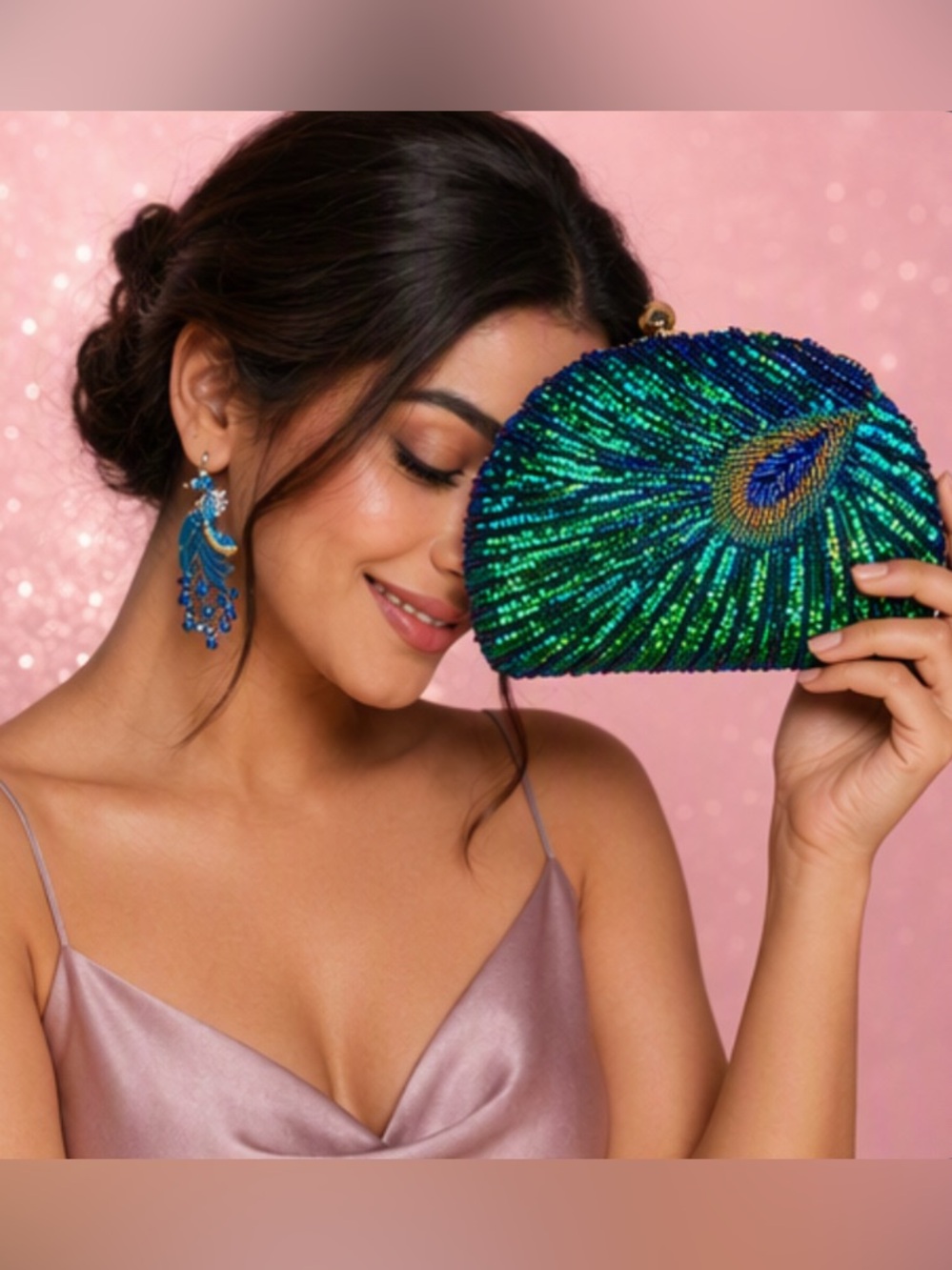 🎀🌷🦚 Blue & Green Sequin Peacock Clutch Bag w/ Earrings Set 🦚🌷🎀 NWT